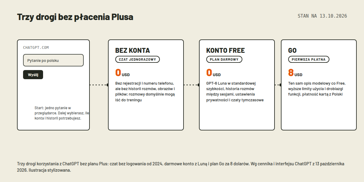 Stylizowane trzy drogi korzystania z ChatGPT: karta BEZ KONTA z czatem jednorazowym bez historii i plików, karta KONTO FREE z modelem GPT-6 Luna i historią rozmów, karta GO 8 USD z tymi samymi modelami i wyższymi limitami, połączone kropkowanymi ścieżkami z pola czatu