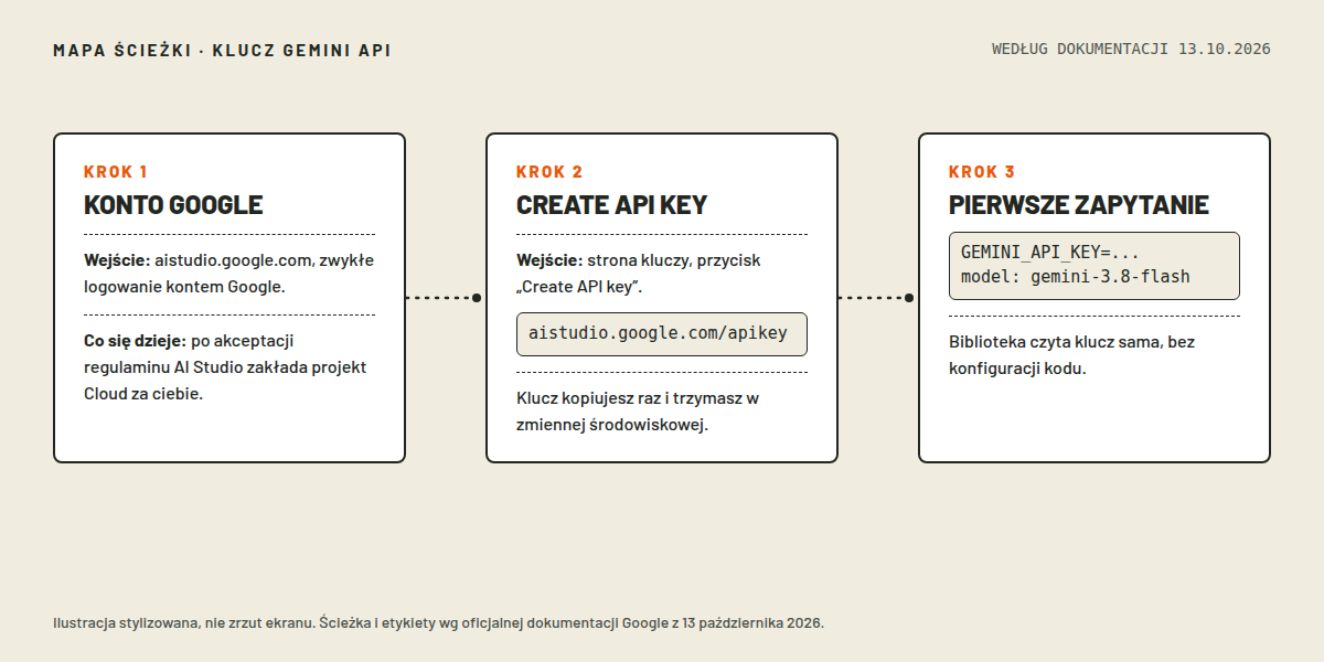 Stylizowana mapa trzech kroków pozyskania klucza Gemini API: konto Google, przycisk Create API key na stronie kluczy AI Studio, pierwsze zapytanie z kluczem w zmiennej środowiskowej
