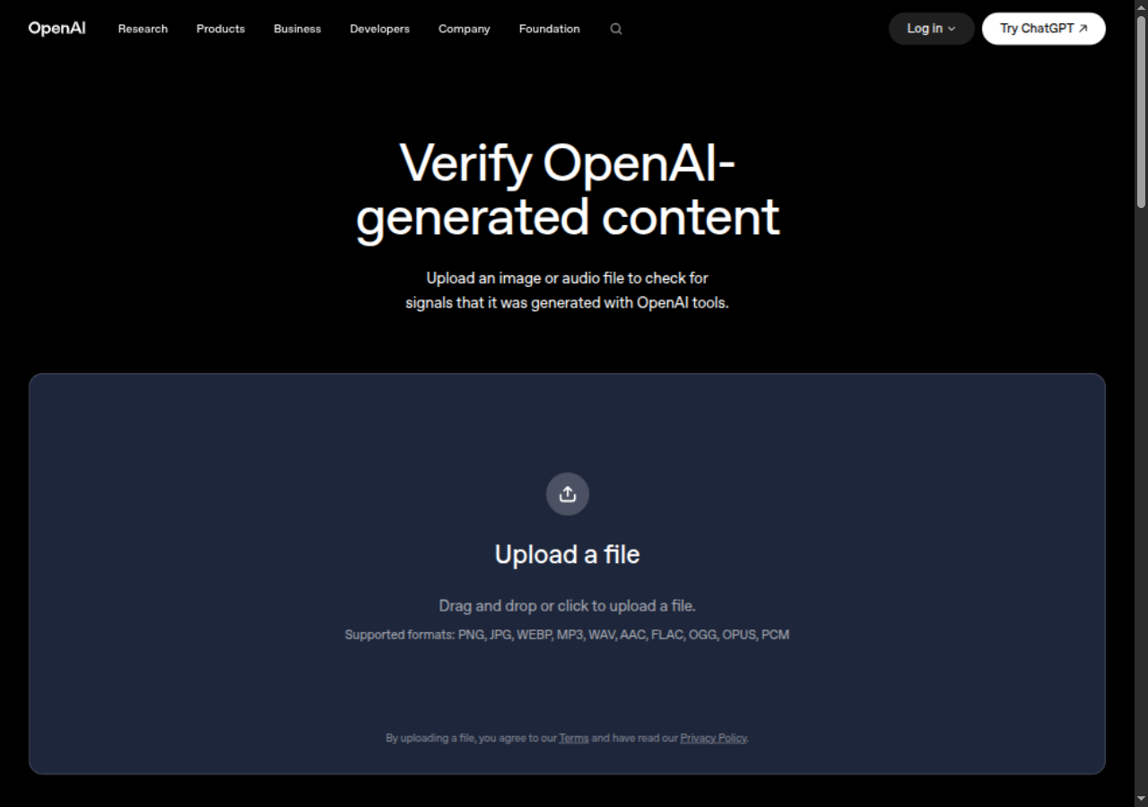 Strona OpenAI Verify: wgrywanie obrazu lub audio bez logowania, sprawdzanie metadanych C2PA i znaku SynthID