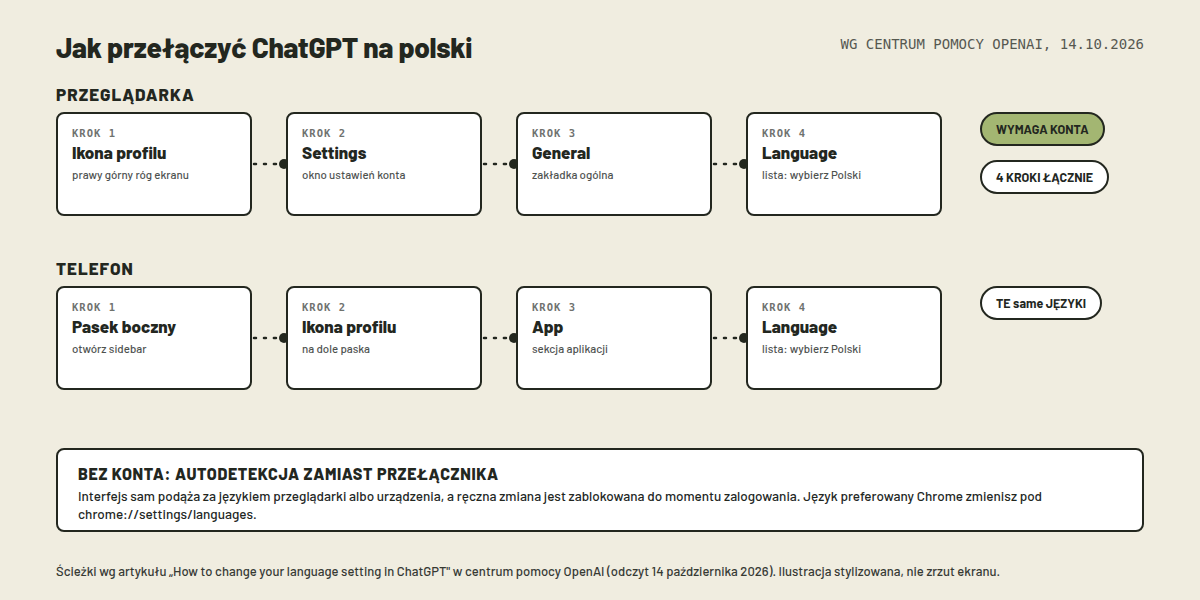 Ilustracja: dwie ścieżki przełączenia języka ChatGPT, w przeglądarce i w aplikacji mobilnej