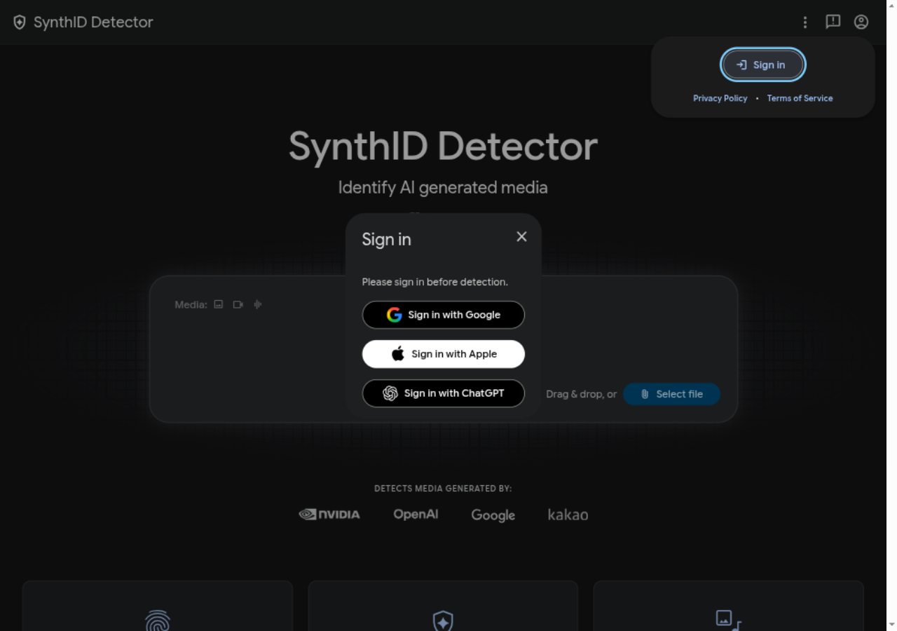 SynthID Detector przed pierwszym sprawdzeniem: wgrywanie pliku, logo partnerów NVIDIA, OpenAI, Google i Kakao oraz wymóg logowania kontem Google, Apple albo ChatGPT