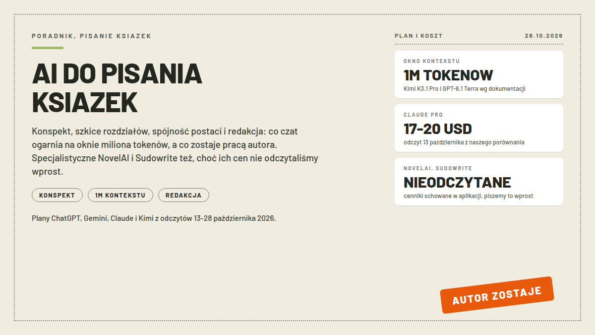 Karta pisania książek z AI: OKNO KONTEKSTU 1M TOKENOW u Kimi K3.1 Pro i Terra, CLAUDE PRO 17-20 USD z odczytu 13 października i NOVELAI SUDOWRITE NIEODCZYTANE; pieczątka AUTOR ZOSTAJE; nagłówek AI DO PISANIA KSIAZEK; odczyt 28.10.2026