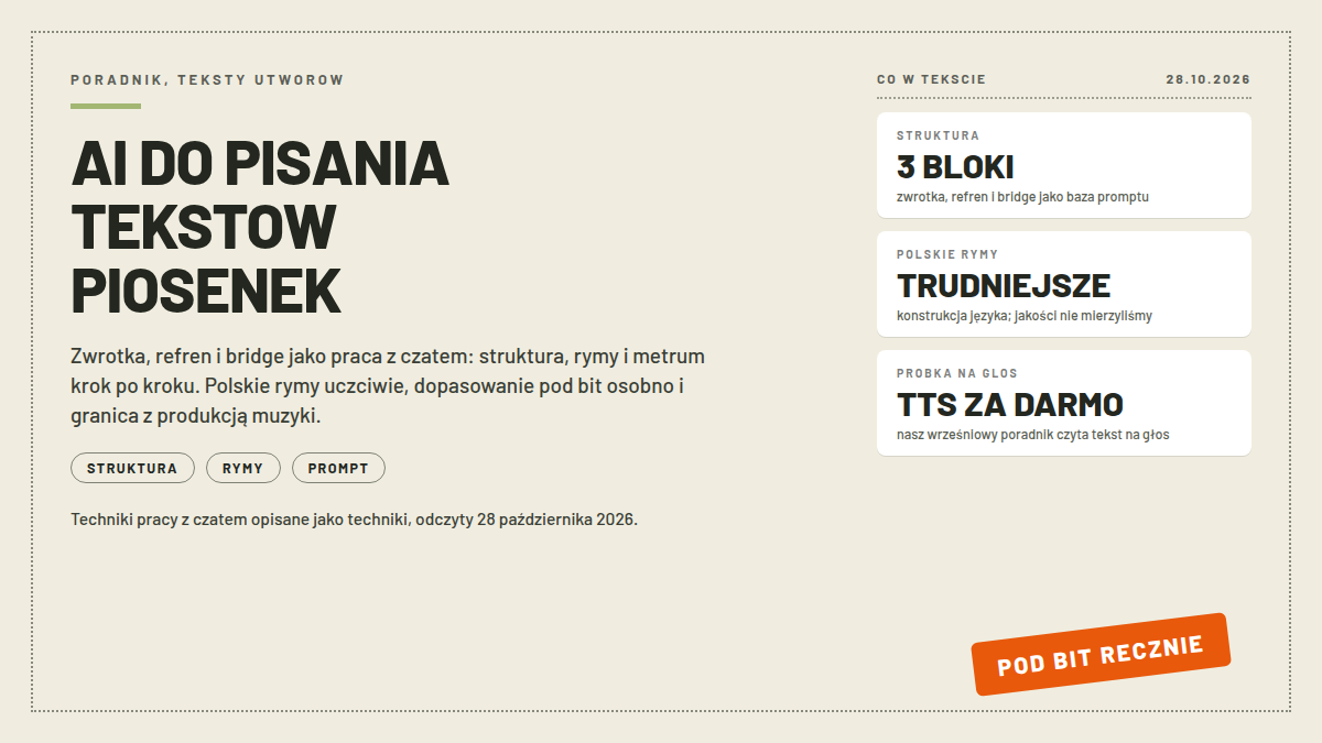 Karta pisania tekstów piosenek z AI: STRUKTURA 3 BLOKI zwrotka, refren i bridge, POLSKIE RYMY TRUDNIEJSZE wg konstrukcji języka i PROBKA NA GLOS TTS ZA DARMO; pieczątka POD BIT RECZNIE; nagłówek AI DO PISANIA TEKSTOW PIOSENEK; odczyt 28.10.2026