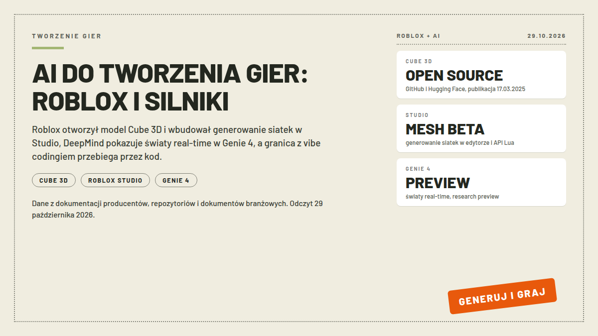 Karta narzędzi AI do tworzenia gier: trzy białe karty z otwartym modelem Cube 3D, betą mesh generation w Roblox Studio i Genie 4 w research preview; pieczątka GENERUJ I GRAJ; nagłówek AI DO TWORZENIA GIER: ROBLOX I SILNIKI; dane z 29.10.2026