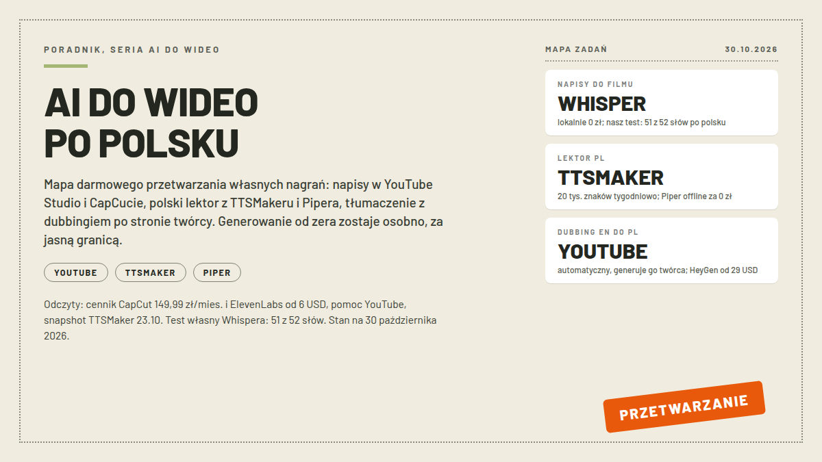 Karta pomiarowa z trzema białymi kartami zadań: Whisper lokalnie za 0 zł, TTSMaker 20 tysięcy znaków tygodniowo i automatyczny dubbing YouTube z angielskiego; pieczątka PRZETWARZANIE; nagłówek AI DO WIDEO PO POLSKU; odczyty 30.10.2026