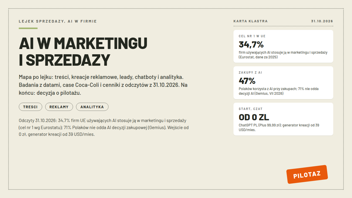 Okładka wpisu AI w marketingu i sprzedaży: karta klastra z celami użycia AI wg Eurostatu (34,7% w marketingu i sprzedaży), zakupami z AI wg Gemiusa (47%) i startem od 0 zł na czacie; pieczątka PILOTAZ
