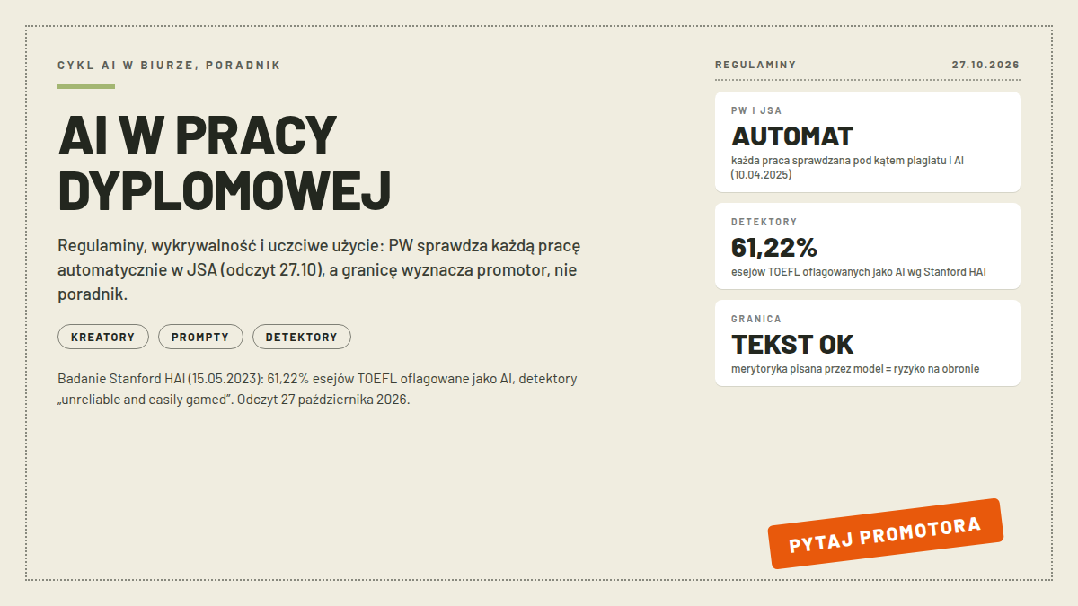 Okładka AI w pracy dyplomowej: nagłówek AI W PRACY DYPLOMOWEJ, karty PW I JSA AUTOMAT, DETEKTORY 61,22% i GRANICA TEKST OK; pieczątka PYTAJ PROMOTORA; odczyt 27.10.2026