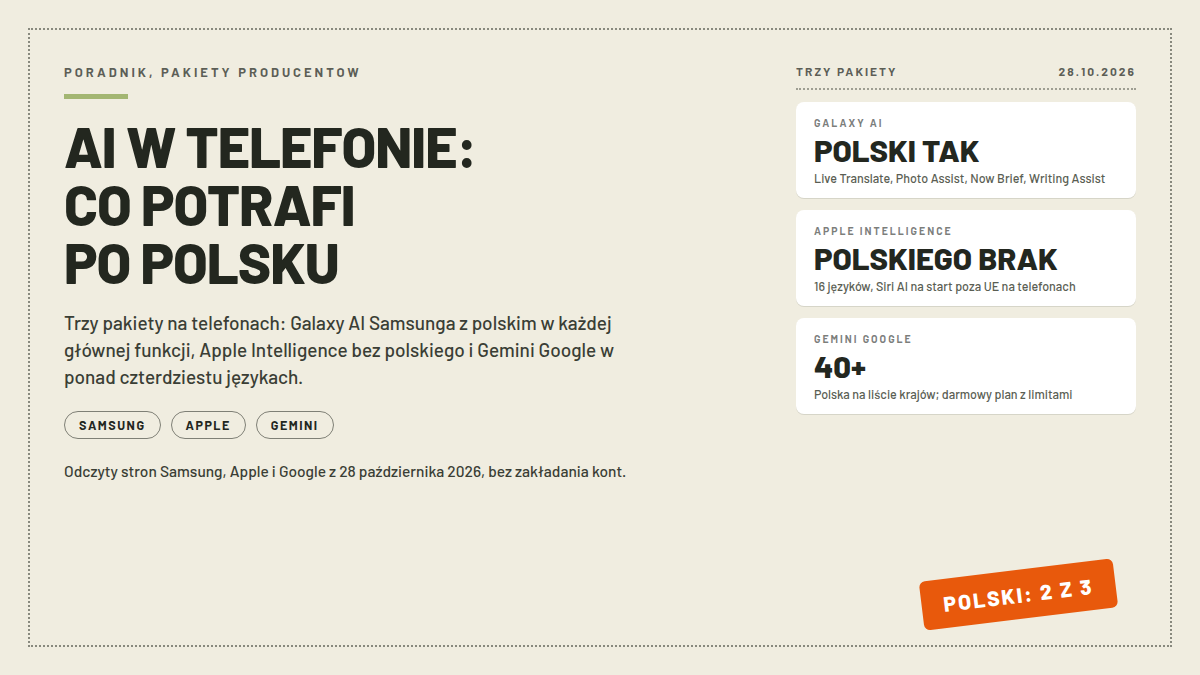 Mapa trzech pakietów AI w telefonach: karty GALAXY AI POLSKI TAK z funkcjami Live Translate i Now Brief, APPLE INTELLIGENCE POLSKIEGO BRAK z 16 językami i GEMINI GOOGLE 40+; pieczątka POLSKI: 2 Z 3; nagłówek AI W TELEFONIE: CO POTRAFI PO POLSKU; odczyt 28.10.2026