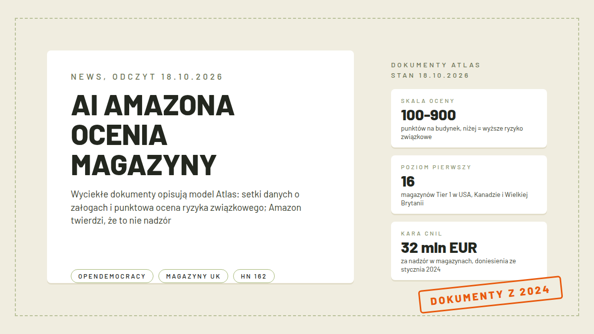 Okładka: model Atlas w dokumentach Amazona, ocena 100-900, 16 magazynów Tier 1, kara CNIL 32 mln EUR
