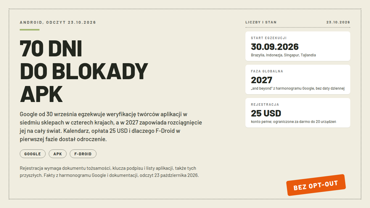 Okładka artykułu o blokadzie instalacji apk w Androidzie: 70 dni do fazy globalnej weryfikacji twórców, start egzekucji 30 września 2026, rejestracja 25 USD, bez opcji wyłączenia