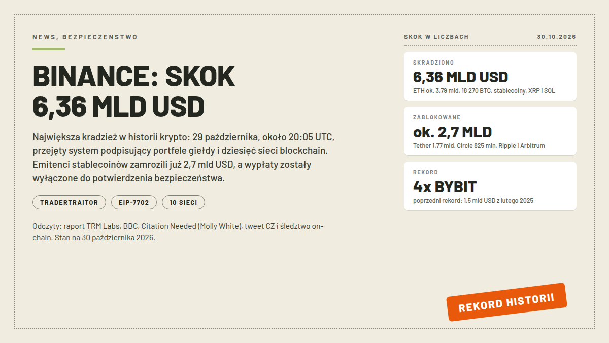Karta pomiarowa z wielką pieczątką REKORD HISTORII i kwotą 6,36 mld USD skradzionym z Binance, obok karty z zamrożeniami 2,7 mld u emitentów stablecoinów i porównaniem czterokrotnie większym od napadu na Bybit; nagłówek BINANCE SKOK 6,36 MLD USD; odczyty 30.10.2026