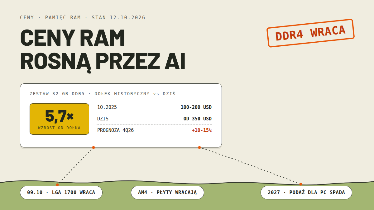 Mapa pomiarowa cen pamięci RAM: karta ze wzrostem zestawu 32 GB DDR5 z przedziału 100-200 USD w październiku 2025 do od 350 USD dziś, miara 5,7 krotności od historycznego dołka, prognoza plus 10-15 procent na czwarty kwartał 2026, pieczątka DDR4 wraca oraz kapsuły o powrocie gniazd LGA 1700 i AM4