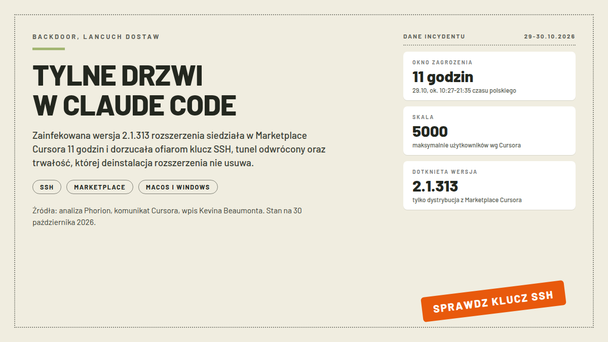 Karta pomiarowa z wielką pomarańczową pieczątką SPRAWDZ KLUCZ SSH i kartami danych incydentu: okno zagrożenia 11 godzin, skala do 5000 użytkowników, dotknięta wersja 2.1.313 rozszerzenia Claude Code; nagłówek TYLNE DRZWI W CLAUDE CODE; odczyty 30.10.2026