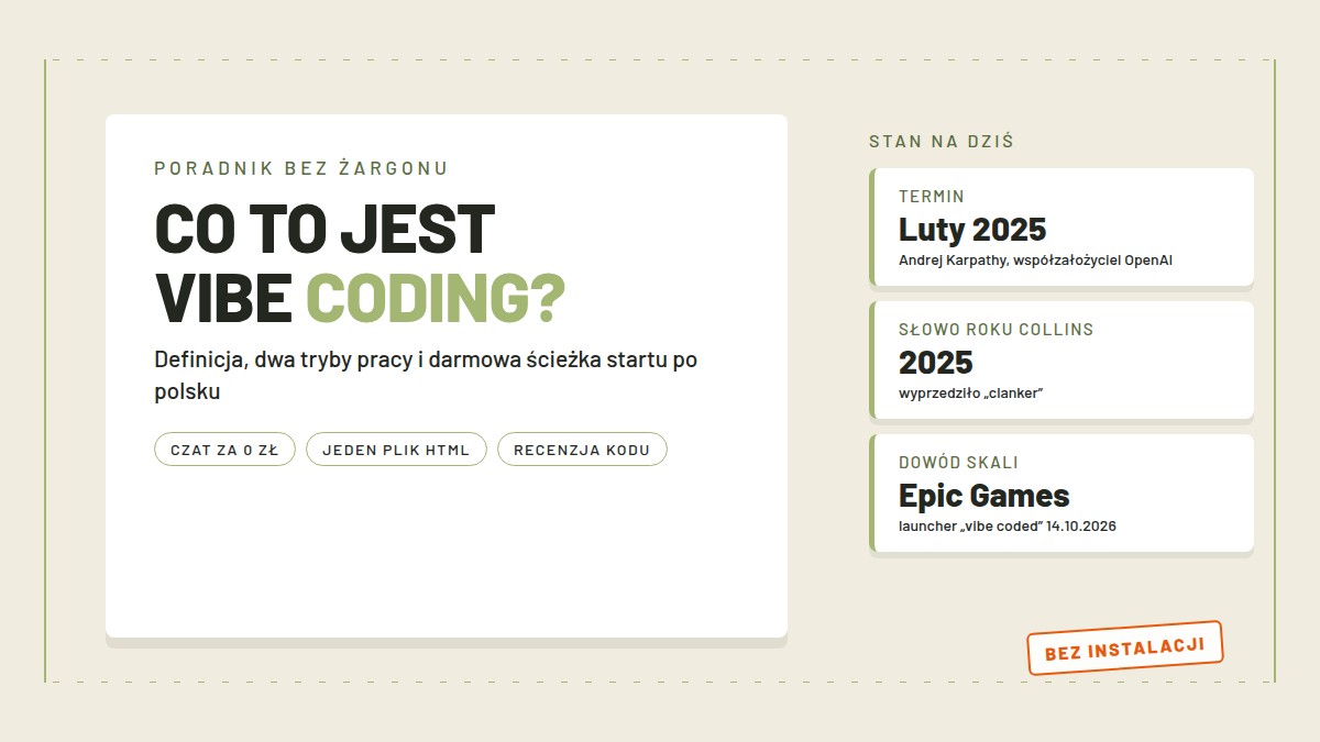Biała karta z napisem CO TO JEST VIBE CODING, obok trzy karty pomiarowe z datą powstania terminu, słowem roku Collins i launcherem Epic Games, u dołu pieczątka BEZ INSTALACJI