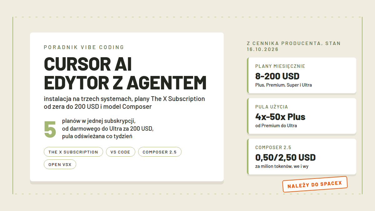 Karta z nagłówkiem Cursor AI, licznikiem planów i trzema pomiarami cen The X Subscription