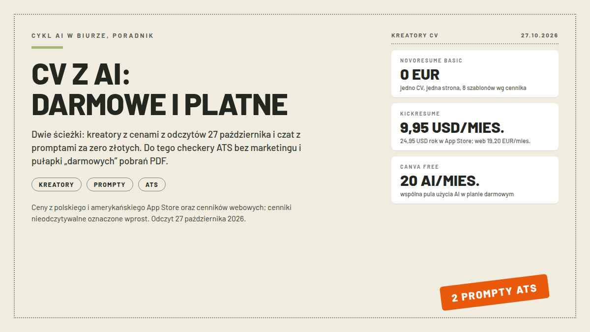 Okładka CV z AI: nagłówek CV Z AI DARMOWE I PLATNE, karty NOVORESUME BASIC 0 EUR, KICKRESUME 9,95 USD MIES. i CANVA FREE 20 AI MIES.; pieczątka 2 PROMPTY ATS; odczyt 27.10.2026