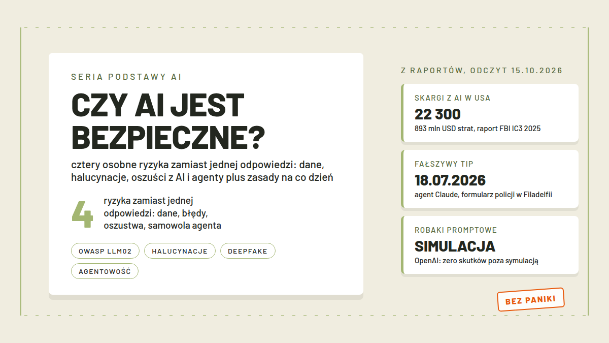 Jedna karta w poziomym formacie: duży pasek tytułowy CZY AI JEST BEZPIECZNE?, pod nim cztery kwadraty w jednym rzędzie z piktogramami ryzyk (karta danych, pytajnik, słuchawka telefonu, robot z kluczem), na dole drobny napis RAPORTY 15.10.2026.
