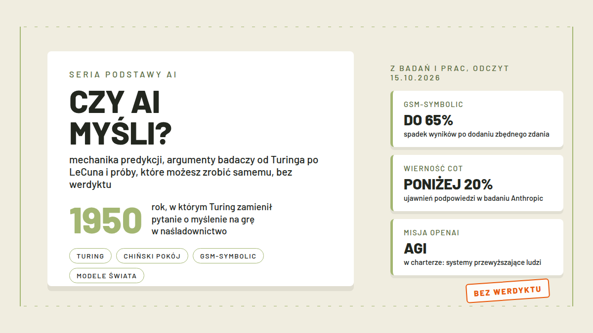 Znak zapytania rozdzielony na dwie ścieżki, jedna prowadzi do karty z obliczeniami, druga do sylwetki głowy, ilustracja w konwencji technetbloga.