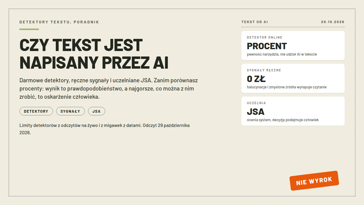 Karta poradnika sprawdzania, czy tekst jest napisany przez AI: trzy białe karty z procentem detektora, darmowymi sygnałami ręcznymi i uczelnianym JSA; pieczątka NIE WYROK; nagłówek CZY TEKST JEST NAPISANY PRZEZ AI; odczyty 29.10.2026