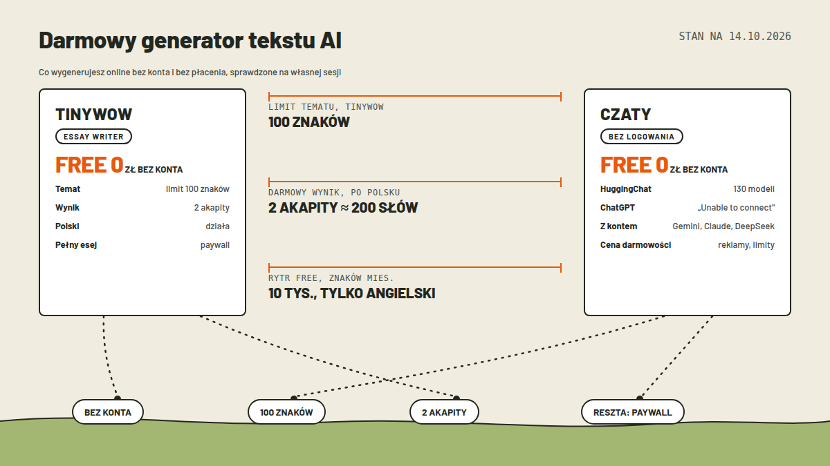 Mapa pomiarowa: karta TINYWOW Essay Writer (limit tematu 100 znaków, wynik 2 akapity, polski działa, pełny esej za paywallem) i karta CZATY bez logowania (HuggingChat 130 modeli, ChatGPT z komunikatem Unable to connect, z kontem Gemini, Claude, DeepSeek, cena darmowości to reklamy i limity); trzy pomiary: limit tematu 100 znaków, darmowy wynik 2 akapity około 200 słów, Rytr Free 10 tysięcy znaków miesięcznie tylko po angielsku; kropkowane ścieżki do czterech kapsuł: bez konta, 100 znaków, 2 akapity, reszta paywall; stan 14.10.2026
