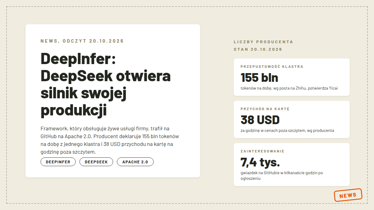 Okładka artykułu o DeepInfer: DeepSeek otworzył silnik inferencji swojej produkcji, 155 bln tokenów na dobę z jednego klastra i 38 USD przychodu na kartę na godzinę poza szczytem