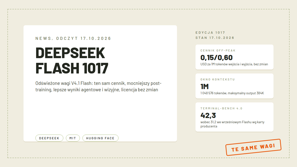 Karta z nagłówkiem DeepSeek Flash 1017, chipami DeepSeek, MIT i Hugging Face, metrykami cennika 0,15/0,60 USD za 1M, okna kontekstu 1M i Terminal-Bench 4.0 42,3, pomarańczowa pieczątka te same wagi, obraz wyróżniający newsa o edycji 1017