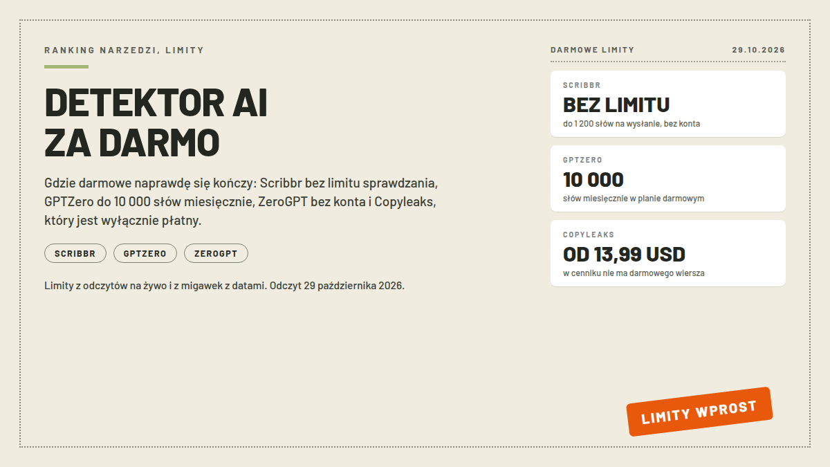 Karta rankingu darmowych detektorów AI: trzy białe karty z limitem Scribbr bez limitu, 10 000 słów GPTZero i Copyleaks od 13,99 USD; pieczątka LIMITY WPROST; nagłówek DETEKTOR AI ZA DARMO; odczyty 29.10.2026 i migawki z datami
