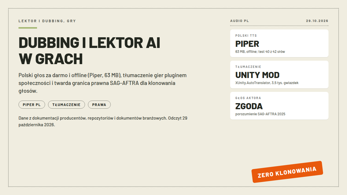 Karta dubbingu i lektora AI w grach: trzy białe karty z polskim TTS Piper, pluginem XUnity.AutoTranslator i zgodą z porozumienia SAG-AFTRA; pieczątka ZERO KLONOWANIA; nagłówek DUBBING I LEKTOR AI W GRACH; dane z 29.10.2026
