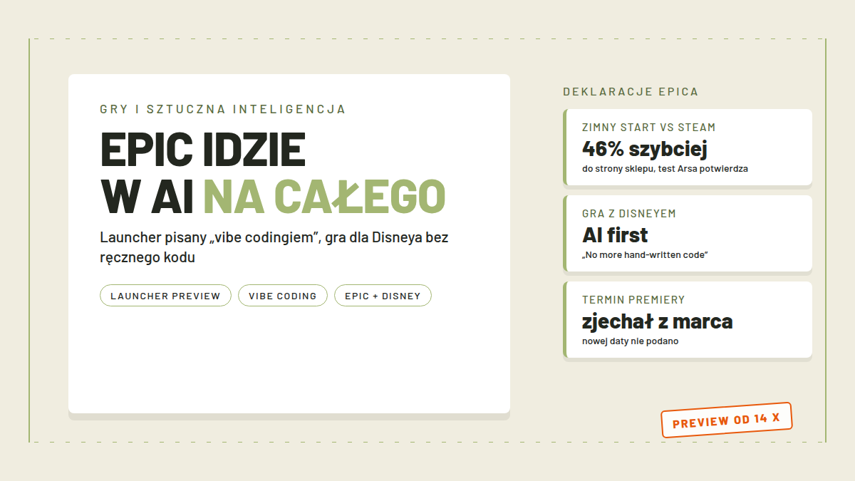 Pieczątka VIBE CODING i karta porównania szybkości na papierze w kolorach technetbloga, obraz wyróżniający tekstu o zwrocie Epic Games w stronę AI