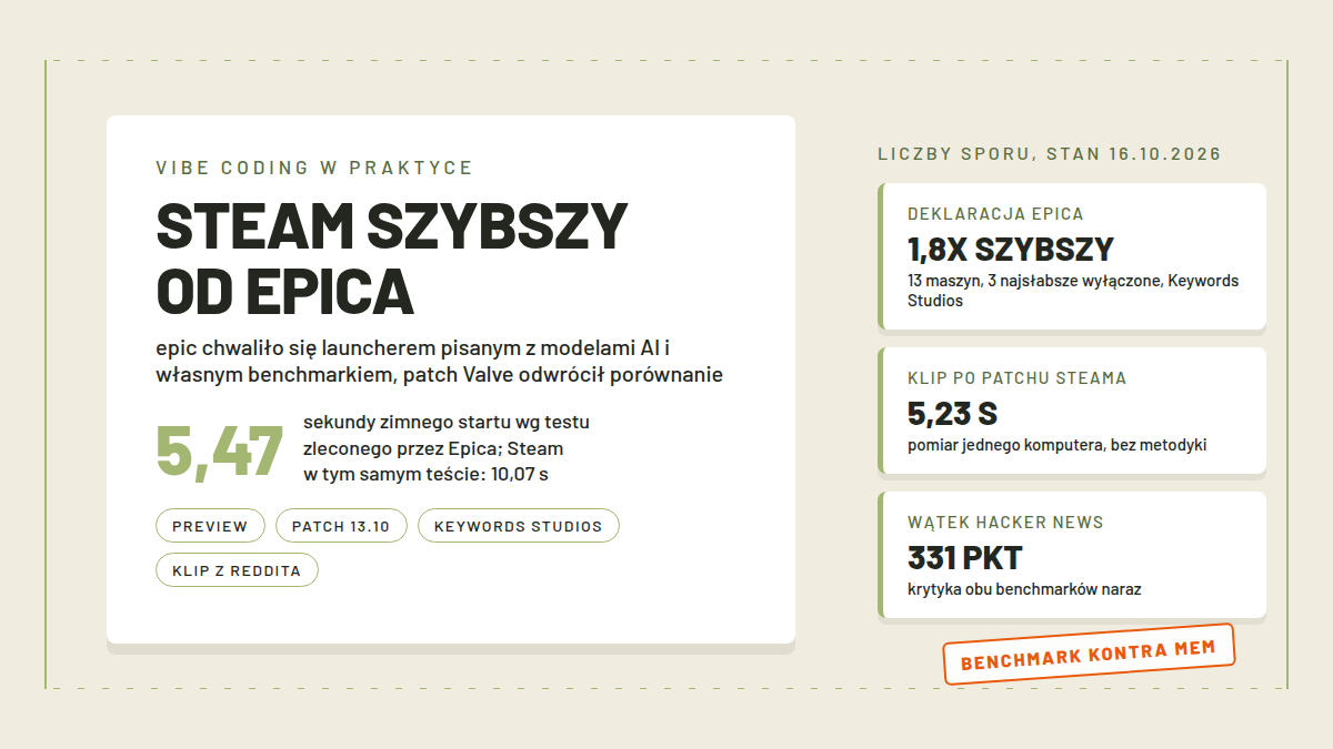 Karta porównawcza: duży napis Steam szybszy od Epica, licznik 5,47 sekundy zimnego startu wobec 10,07 s, chipy Preview i Patch 13.10, trzy pomiary po prawej i pomarańczowa pieczątka benchmark kontra mem, obraz wyróżniający newsa o launcherach