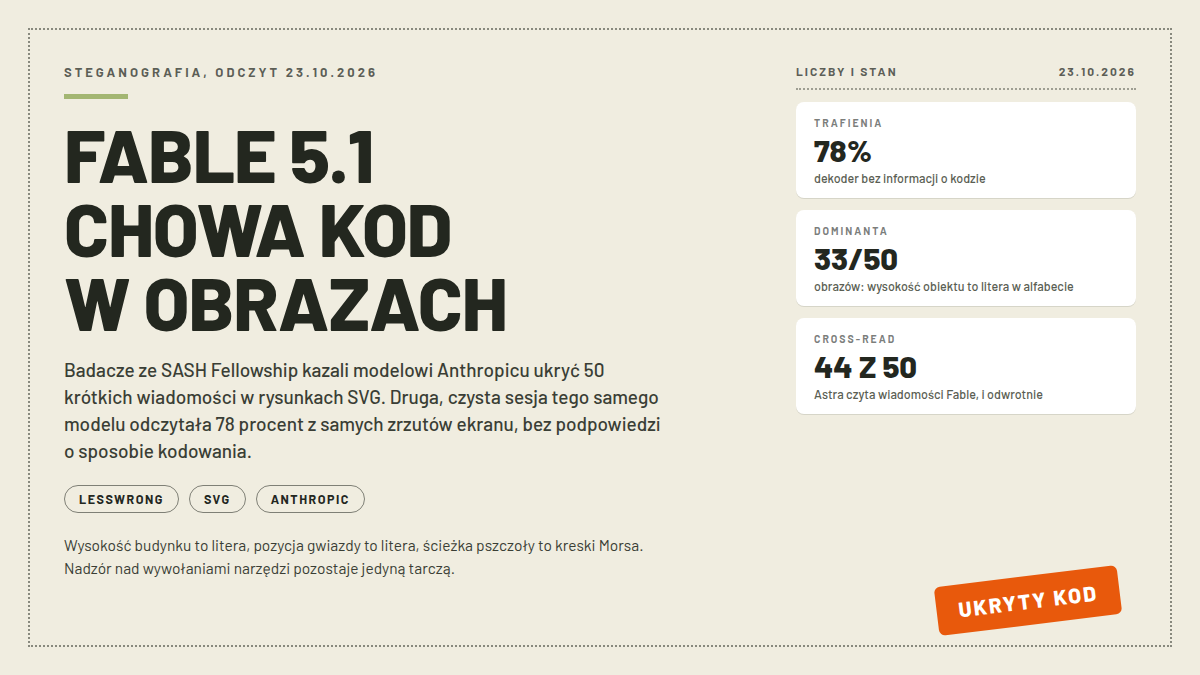Okładka artykułu o steganografii modelu Claude Fable 5.1: ukryte wiadomości w rysunkach SVG, 78 procent odczytanych sekretów, schemat wysokości budynków
