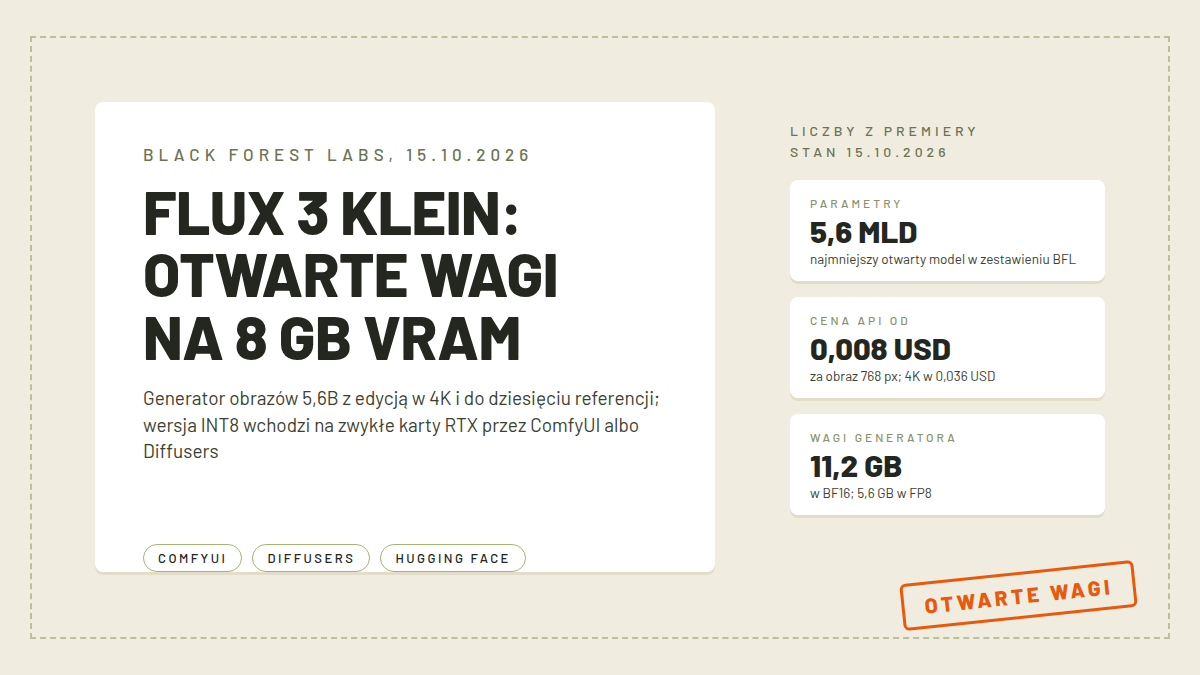 Karta z nazwą FLUX 3 Klein, licznikiem 5,6 mld parametrów, chipami ComfyUI i Diffusers oraz pomiarami ceny 0,008 USD za obraz i wag 11,2 GB, pomarańczowa pieczątka otwarte wagi, obraz wyróżniający tekstu o generatorze obrazów z otwartymi wagami