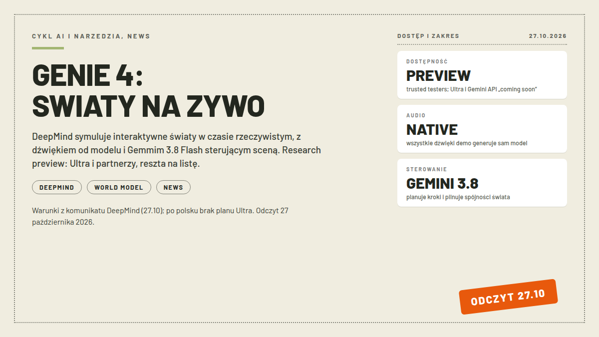 Okładka Genie 4: nagłówek GENIE 4: SWIATY NA ZYWO, karty DOSTĘPNOŚĆ PREVIEW, AUDIO NATIVE i STEROWANIE GEMINI 3.8; pieczątka ODCZYT 27.10