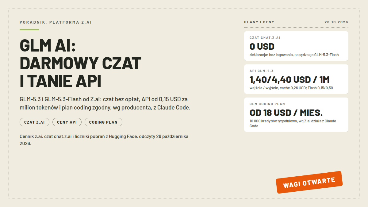 Karta cennikowa GLM od Z.ai: czat CHAT.Z.AI 0 USD, API GLM-5.3 1,40/4,40 USD za milion tokenów i GLM CODING PLAN od 18 USD miesięcznie; pieczątka WAGI OTWARTE; nagłówek GLM AI: DARMOWY CZAT I TANIE API; odczyt 28.10.2026