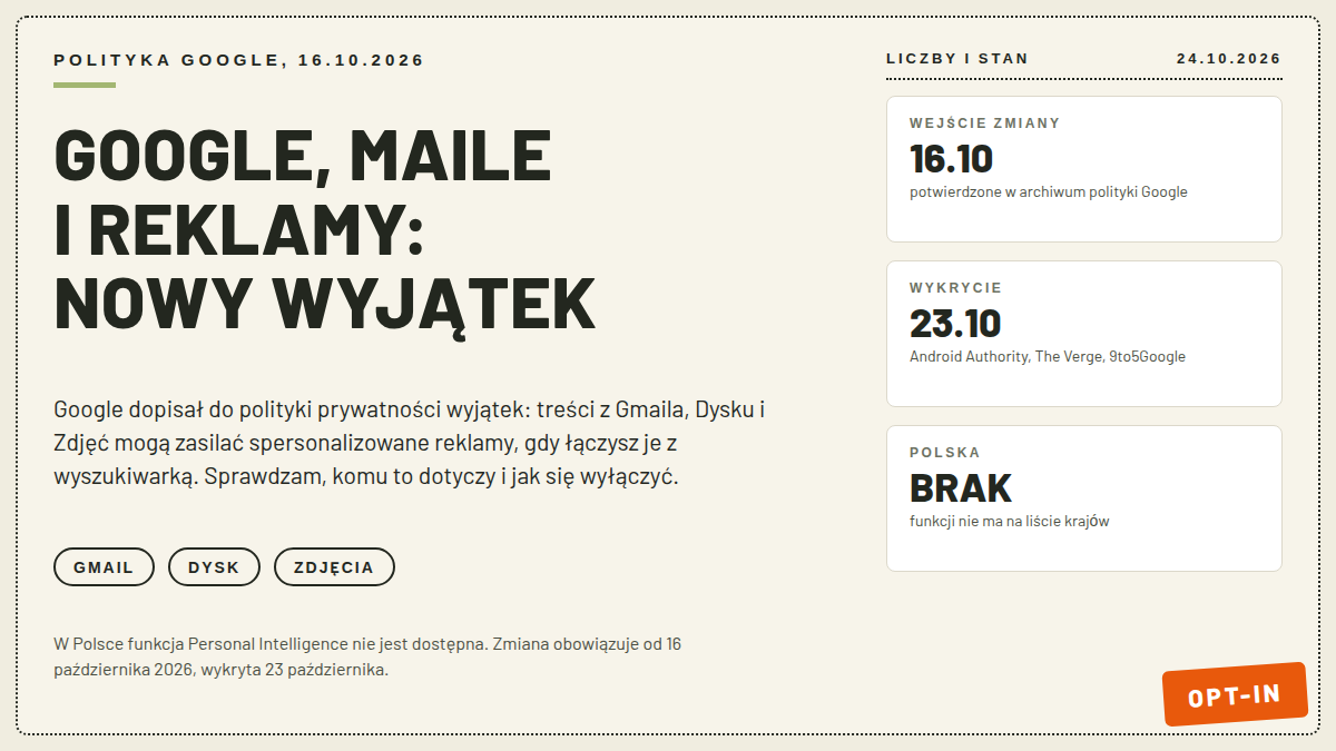 Okładka artykułu o zmianie polityki prywatności Google od 16 października: Gmail, Dysk i Zdjęcia mogą zasilać spersonalizowane reklamy po włączeniu Personal Intelligence, w Polsce funkcja niedostępna