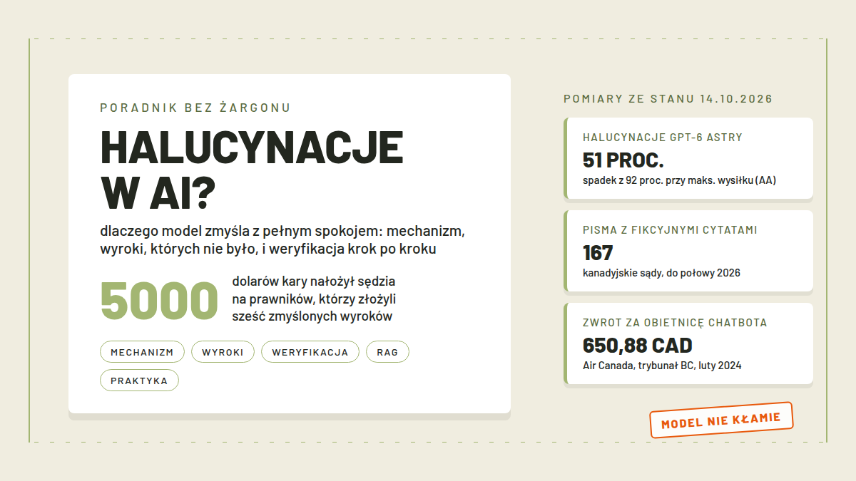 Karta poradnika HALUCYNACJE W AI z liczbą 5000 (dolarów kary dla prawników ze zmyślonymi wyrokami) i kapsułami Mechanizm, Wyroki, Weryfikacja, RAG, Praktyka; pomiary: halucynacje GPT-6 Astry 51 proc. przy maksymalnym wysiłku, 167 pism z fikcyjnymi cytatami w Kanadzie, zwrot 650,88 CAD od Air Canada; pieczątka Model nie kłamie
