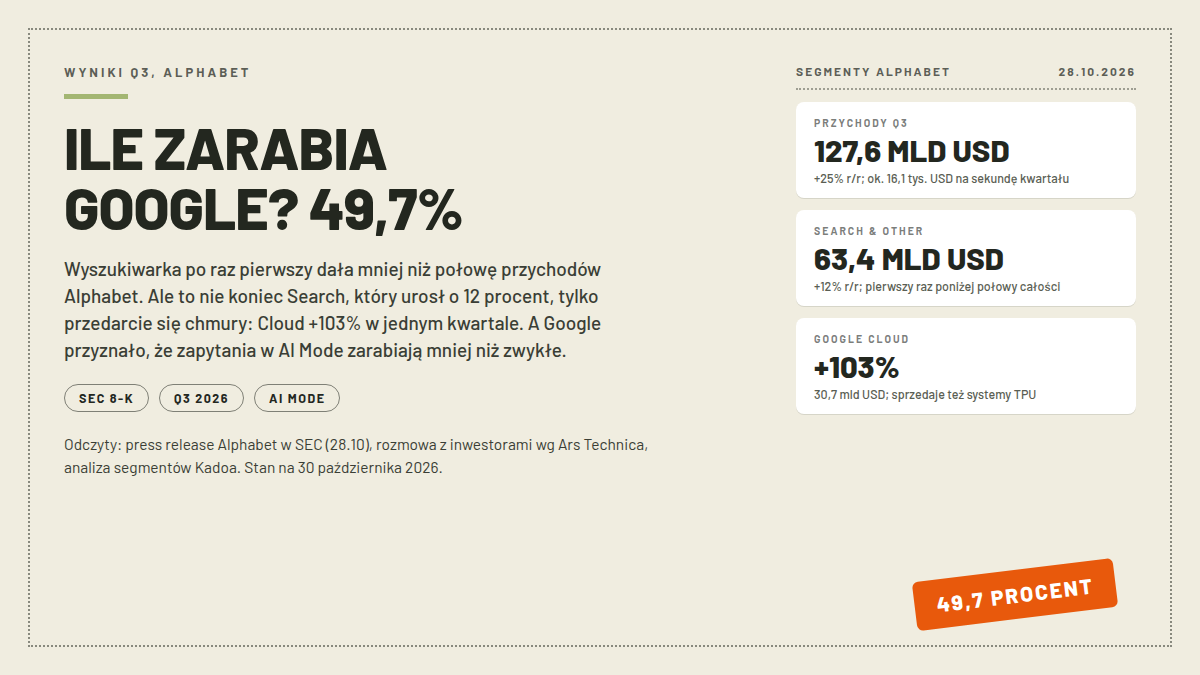 Karta pomiarowa z wielką pieczątką 49,7 PROCENT i przychodami Google Search 63,4 mld USD z Q3 2026, obok karty z przychodami Alphabet 127,6 mld i wzrostem chmury 103 procent; nagłówek ILE ZARABIA GOOGLE; odczyty 30.10.2026