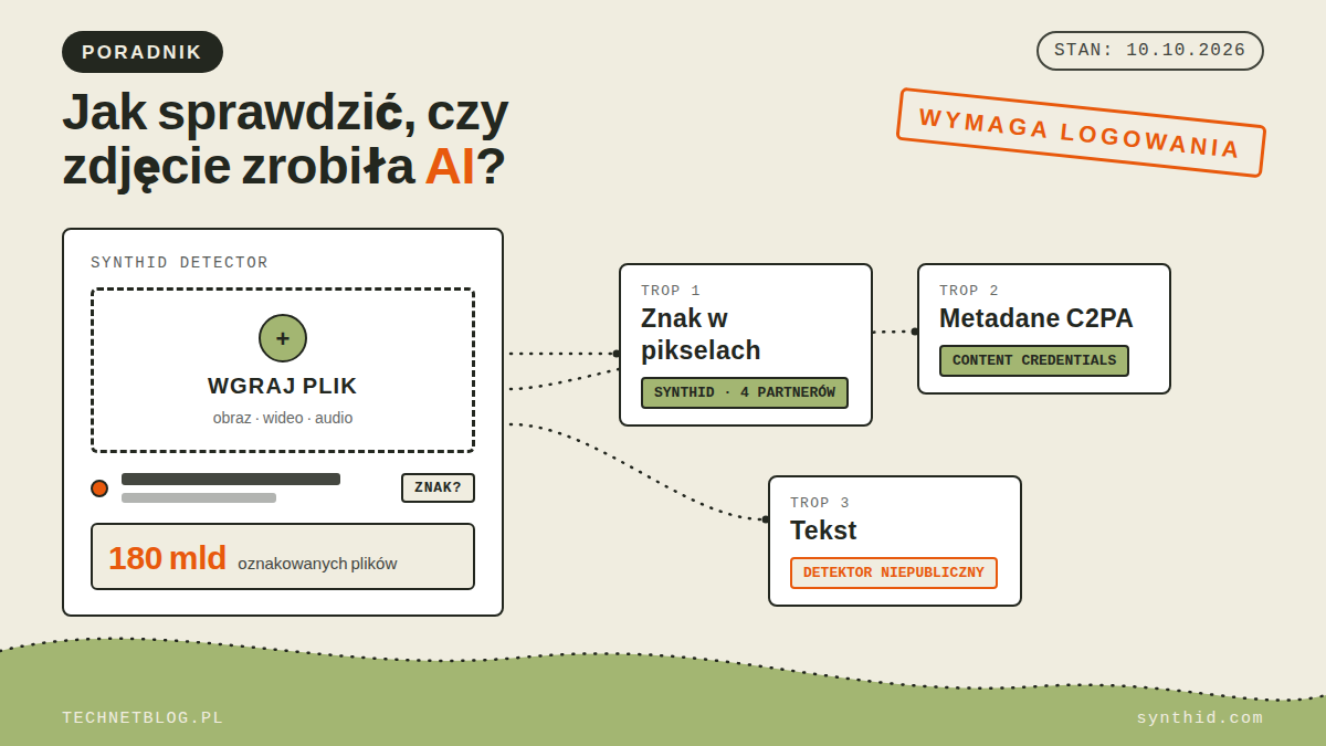 Rejestr pomiarowy: karta SynthID Detector z przyciskiem wgrywania pliku, miara 180 mld oznakowanych plików, pieczątka wymaga logowania oraz trzy karty tropów: znak w pikselach, metadane C2PA i tekst z detektorem niepublicznym