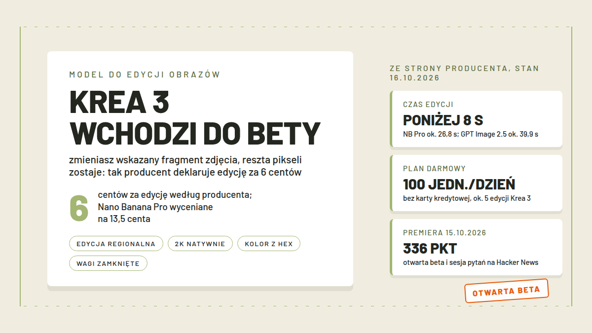 Karta z napisem Krea 3 wchodzi do bety i dużą liczbą 6 przy opisie centów za edycję, obok trzy karty z pomiarami czasu edycji i planu darmowego, pomarańczowa pieczątka otwarta beta, papier w kolorach technetbloga, obraz wyróżniający tekstu o modelu do edycji obrazów