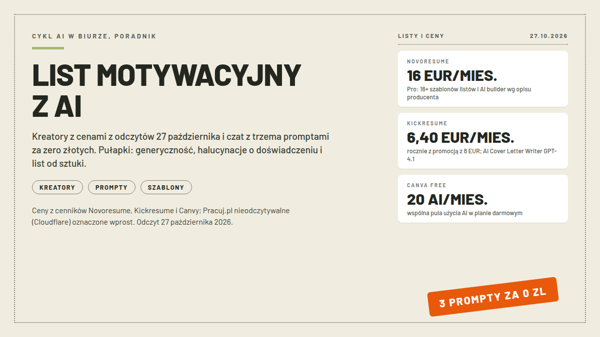 Okładka List motywacyjny z AI: nagłówek LIST MOTYWACYJNY Z AI, karty NOVORESUME 16 EUR/MIES., KICKRESUME 6,40 EUR/MIES. i CANVA FREE 20 AI/MIES.; pieczątka 3 PROMPTY ZA 0 ZL; odczyt 27.10.2026