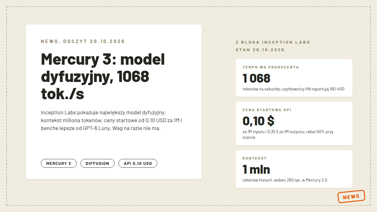 Okładka artykułu o Mercury 3: model dyfuzyjny odInception Labs z deklarowaną prędkością 1068 tokenów nasekundę, kontekstem miliona tokenów i ceną startową 0,10USD za milion tokenów