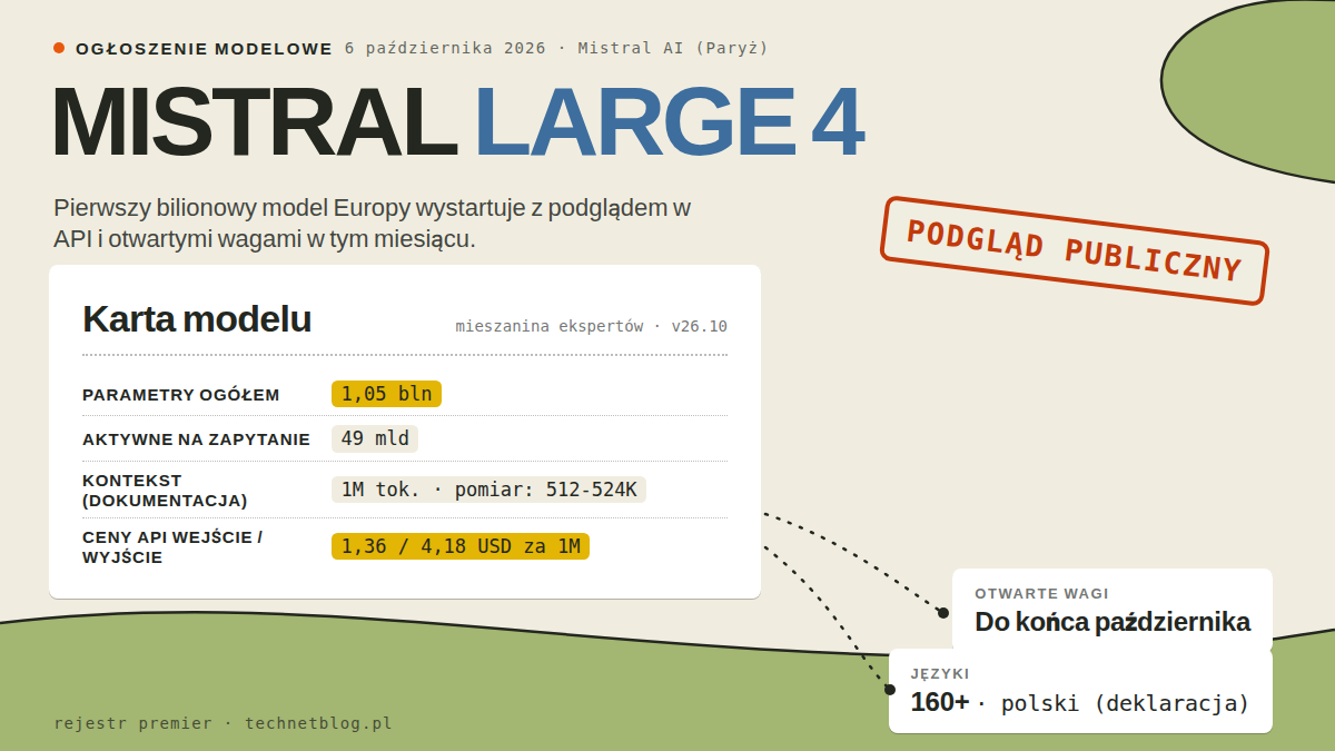 Rejestr premier: nagłówek Mistral Large 4, karta modelu z miarami 1,05 bln parametrów, 49 mld aktywnych, kontekst 1M tokenów wg dokumentacji i ceny API 1,36 / 4,18 USD za milion tokenów, pieczątka podgląd publiczny, kropkowane ścieżki do kapsuł na wybrzeżu: otwarte wagi do końca października i 160+ języków w tym polski