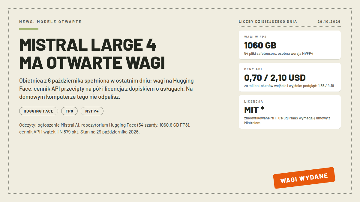 Karta wydania wag Mistral Large 4: trzy białe karty z 1060 GB wag w FP8, cenami 0,70 i 2,10 USD za milion tokenów oraz licencją zmodyfikowane MIT; pieczątka WAGI WYDANE; nagłówek MISTRAL LARGE 4 MA OTWARTE WAGI; odczyty 29.10.2026