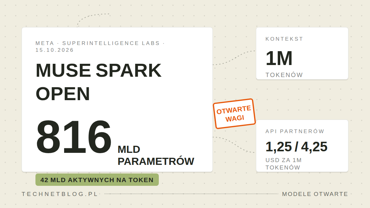 Karta techniczna Muse Spark Open z liczbą 816 mld parametrów, plakietką otwarte wagi i oznaczeniem kontekstu miliona tokenów
