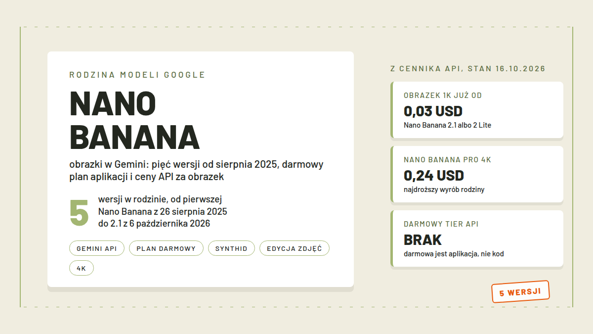 Karta z nazwą Nano Banana, liczbą 5 wersji rodziny i trzema pomiarami cen API za obrazek