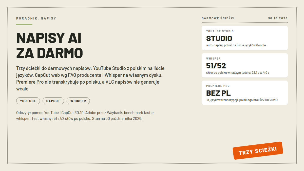 Karta pomiarowa z wielką pieczątką TRZY SCIEŻKI i kartami ścieżek: YouTube Studio z polskim na liście, Whisper 51 z 52 słów w naszym teście i Premiere Pro bez polskiego; nagłówek NAPISY AI ZA DARMO; odczyty 30.10.2026