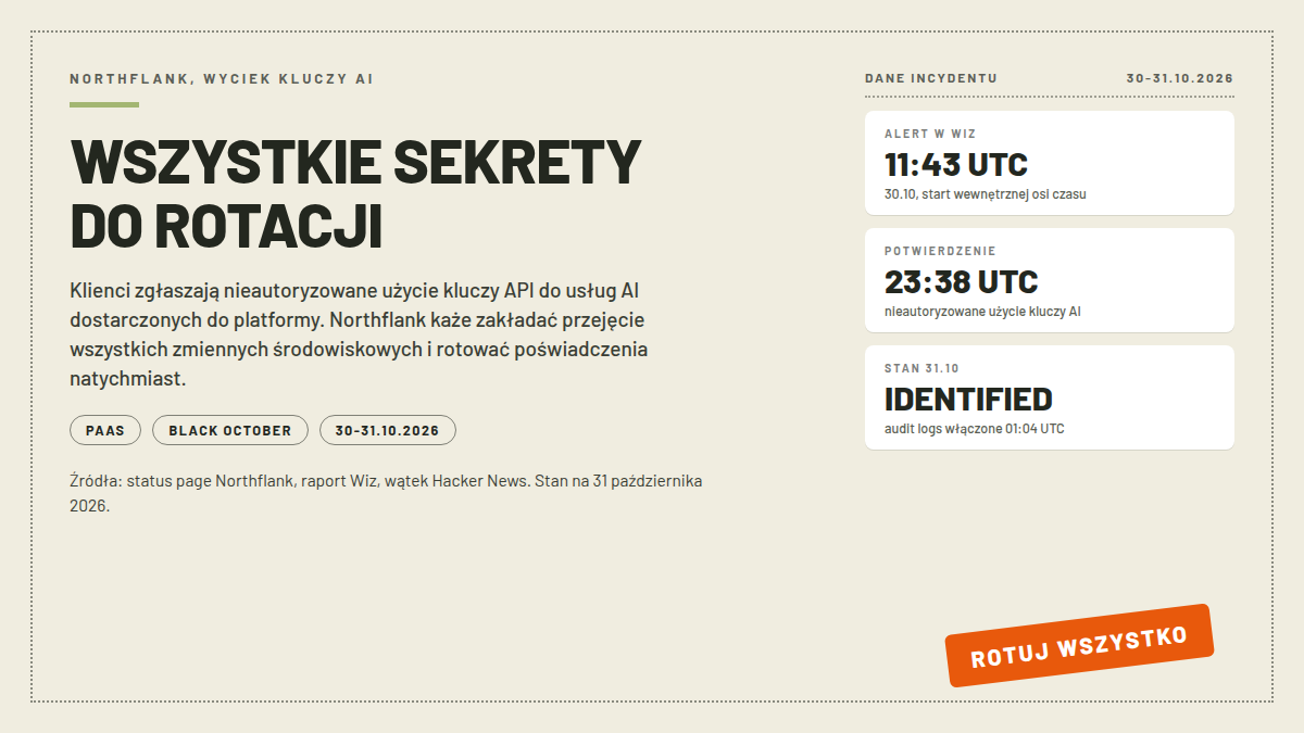 Okładka: nagłówek WSZYSTKIE SEKRETY DO ROTACJI, pomarańczowa pieczęć ROTUJ WSZYSTKO oraz karty danych incydentu Northflank: alert w Wiz 11:43 UTC, potwierdzenie 23:38 UTC, stan IDENTIFIED z 31 października 2026