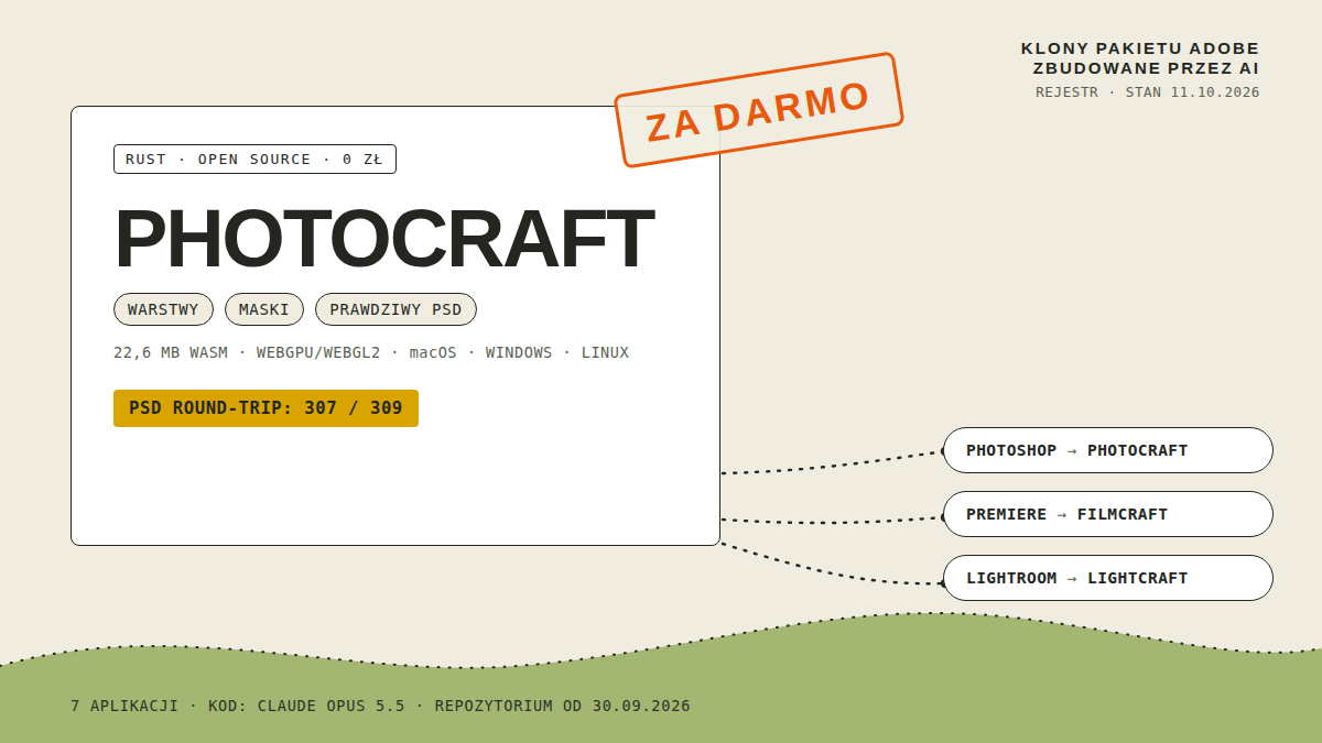 Rejestr pomiarowy: biała karta PhotoCraft z plakietką Rust, open source, 0 zł, chipami Warstwy, Maski, Prawdziwy PSD, wierszem 22,6 MB wasm i bursztynową miarą PSD round-trip 307 z 309; pomarańczowa pieczątka Za darmo i kropkowane ścieżki do kapsuł Photoshop, Premiere i Lightroom; stan 11.10.2026