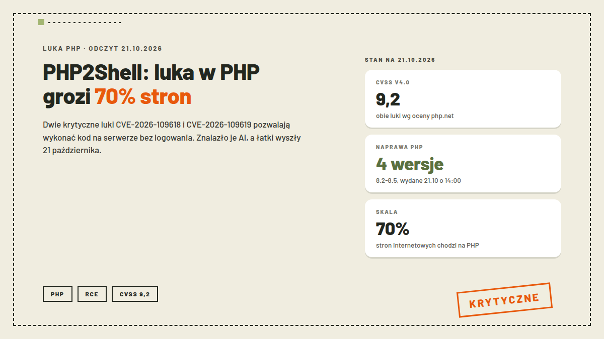 Okładka artykułu o luce PHP2Shell: CVSS 9,2 dla obu luk, cztery wersje naprawcze PHP od 8.2 do 8.5 wydane 21 października, 70% stron chodzi na PHP