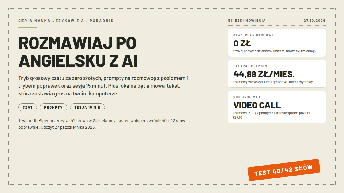 Okładka rozmowa po angielsku z AI: nagłówek ROZMAWIAJ PO ANGIELSKU Z AI, karty CZAT PLAN DARMOWY 0 ZL, TALKPAL PREMIUM 44,99 ZL MIES. i DUOLINGO MAX VIDEO CALL; pieczątka TEST 40/42 SŁÓW; odczyt 27.10.2026